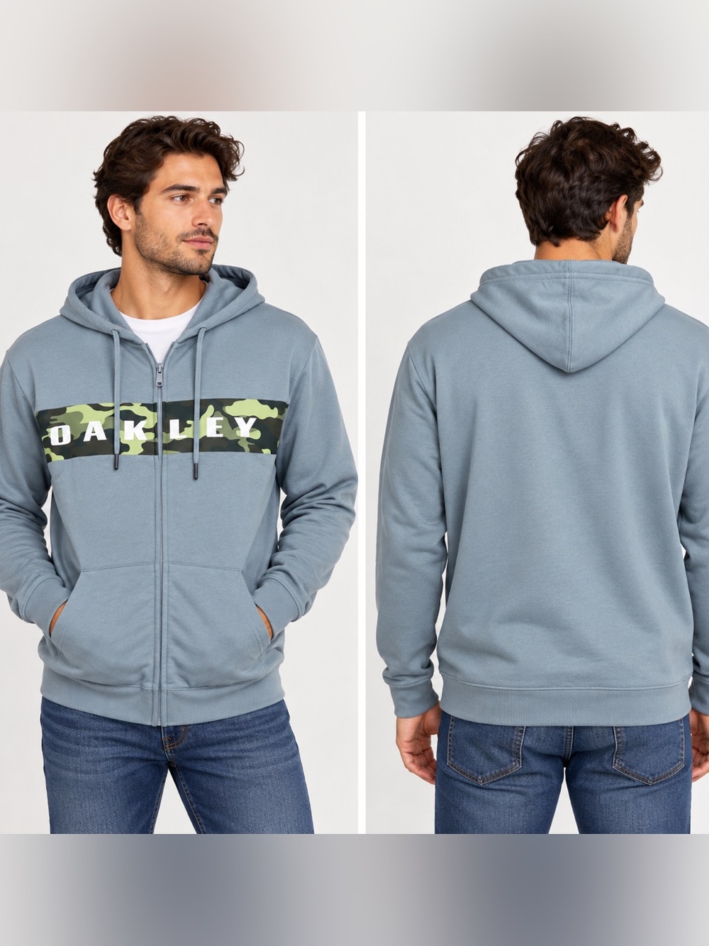 Oakley Light Blue Full Zip Hoodie with Green Camo Chest Stripe